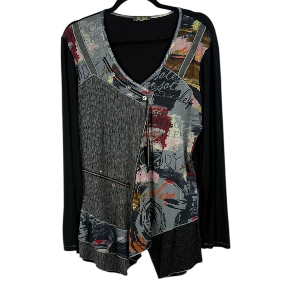 Dolcezza Black Multicolour Artistic Patchwork Long Sleeve Medium Tunic Top